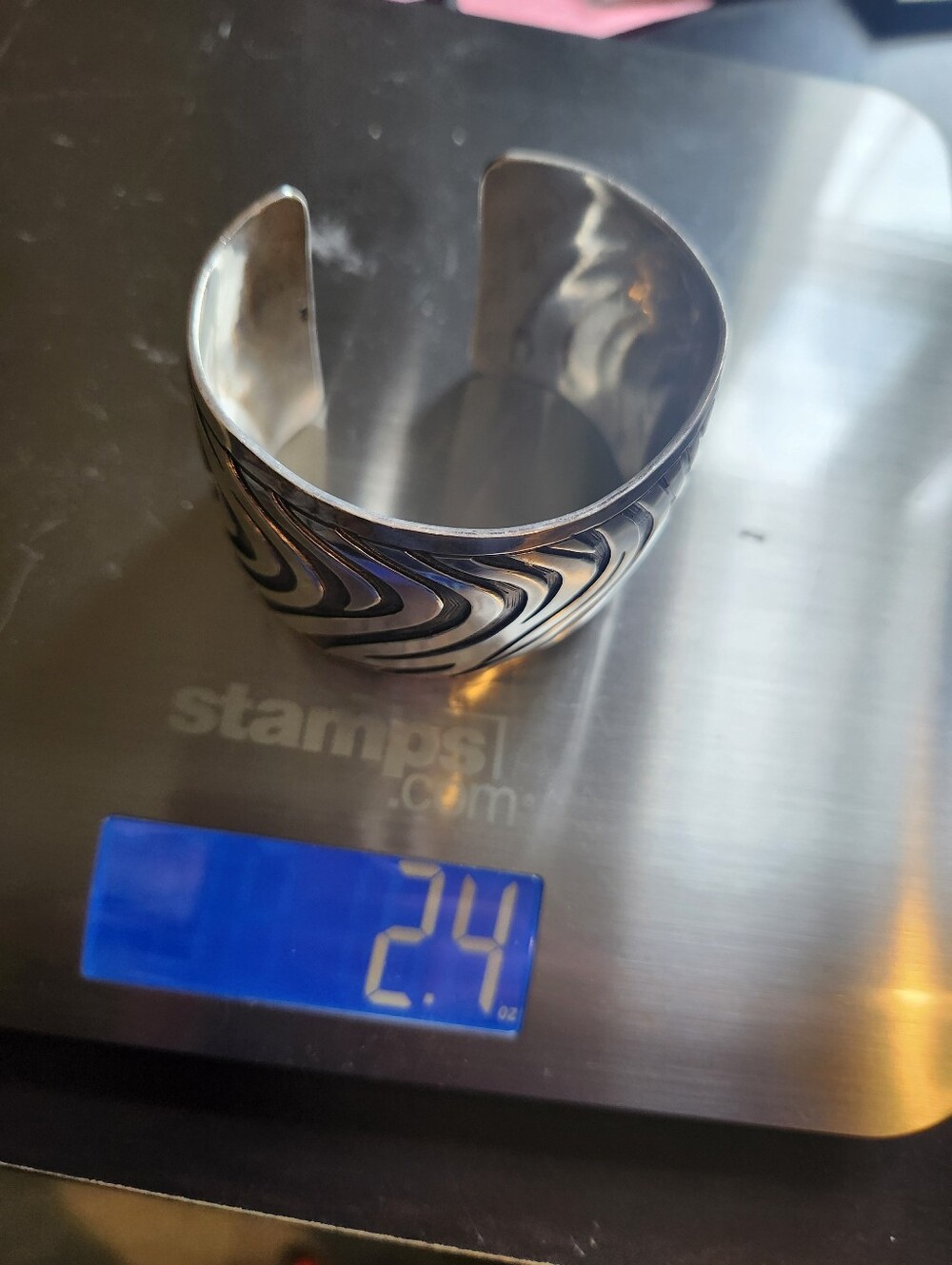 Sterling Silver Wide Bracelet w Animal Stripe, Chunky Vintage, 925 Mexican Cuff - Picture 6 of 7